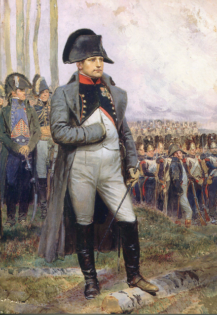 Een iconische foto van Napoleon, in zijn groene uniform van de Jagers te Paard, met een grote steek en een hand-in-vest-gebaar.